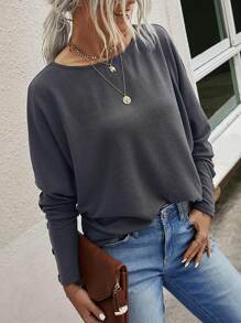 EMERY ROSE Áo thun Nút giả màu trơn Giải trí - Màu xám đen - Xem 1