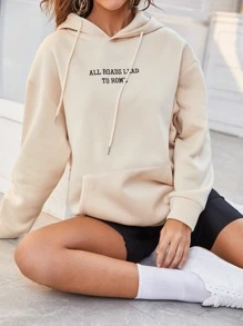 SHEIN LUNE Slogan Embroidery Drop Shoulder Hoodie - Apricot - View 1