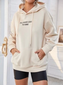 SHEIN LUNE Slogan Embroidery Drop Shoulder Hoodie - Apricot - View 3