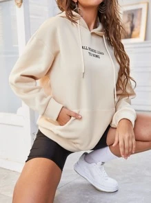 SHEIN LUNE Slogan Embroidery Drop Shoulder Hoodie - Apricot - View 4