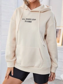 SHEIN LUNE Slogan Embroidery Drop Shoulder Hoodie - Apricot - View 5