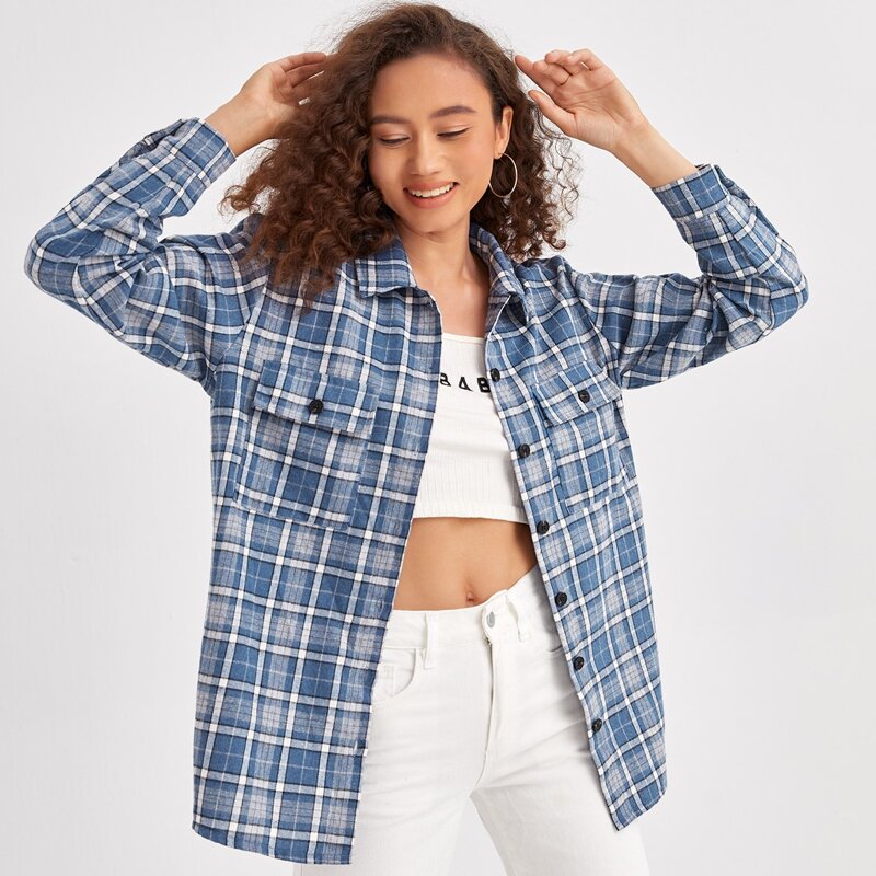 

Plaid Button Front Pocket Blouse, Blue