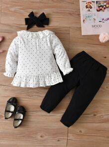Baby Polka Dot Ruffle Trim Jacket & Trousers With Headband - Black and White - View 2