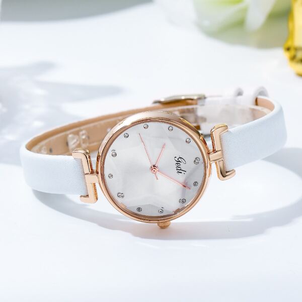 

Rhinestone Decor Round Pointer Quartz Watch