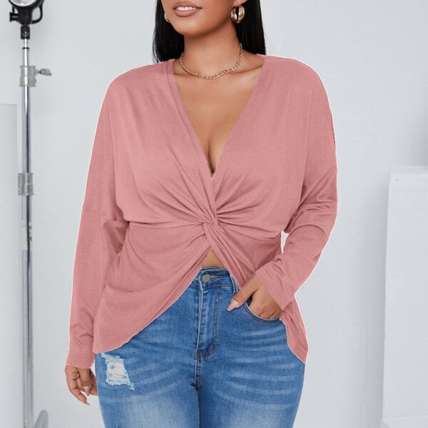 

Plus Solid Twist Front Deep V Neck Top, Pink