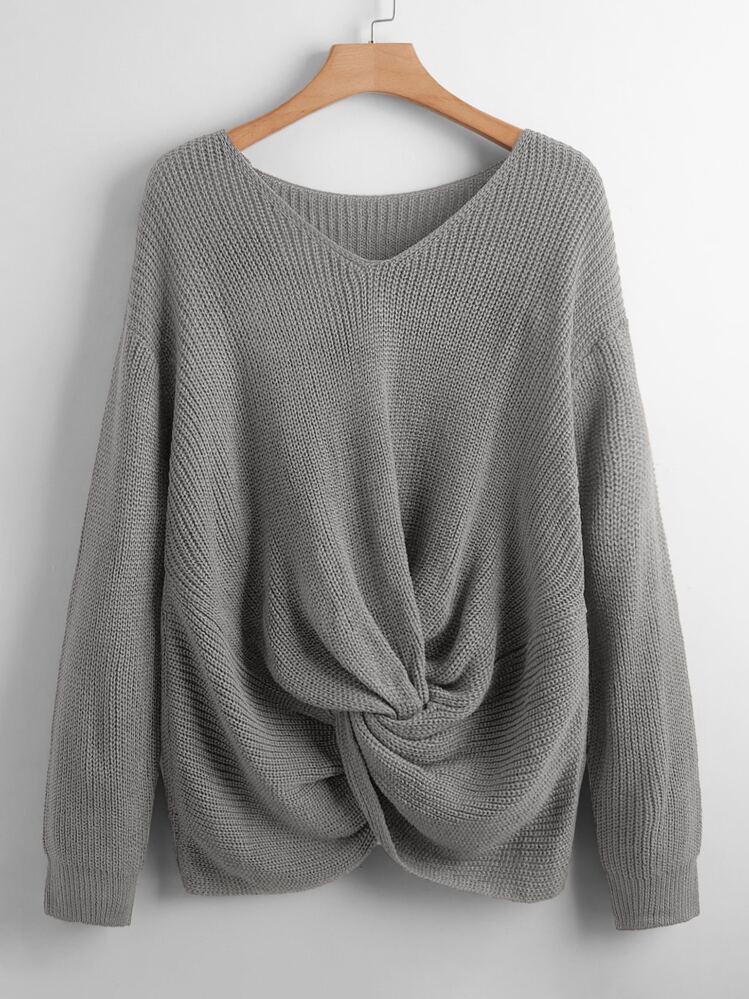 Suéter de mujer talla grande de unicolor, de manga larga, cuello en V, con detalle retorcido al frente, elegante para uso diario, otoño/invierno - Gris - Añade 1