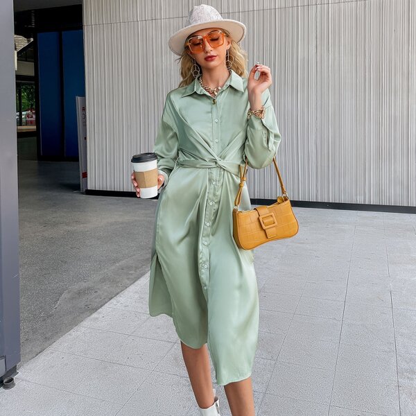 

Drop Shoulder Knot Back Button Front Satin Shirt Dress, Mint green