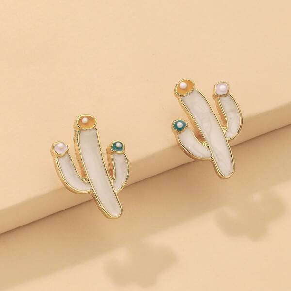 

Cactus Design Earrings, White