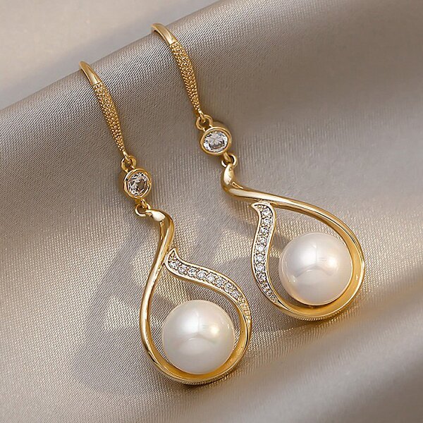 

Rhinestone & Faux Pearl Decor Drop Earrings, Gold