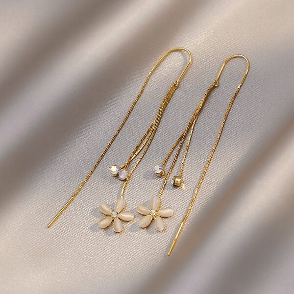 

Flower Decor Threader Earrings, Gold