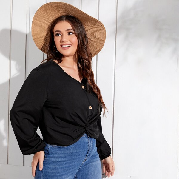 

Plus Button Front Twist Hem Blouse, Black