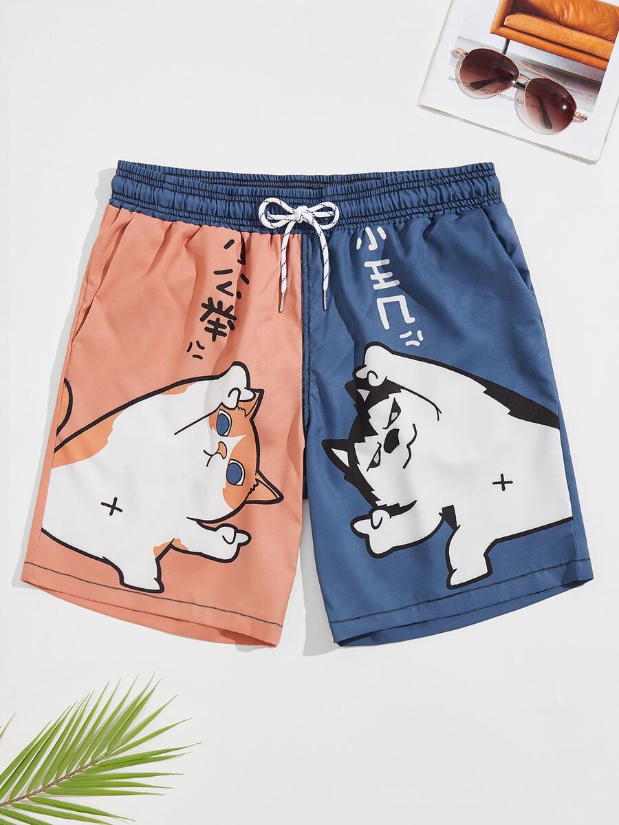 Manfinity Swimmode Men Chinese Letter & Cartoon Graphic Two Tone Swim Trunks - Multicolor - View 1