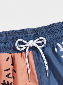 Manfinity Swimmode Men Chinese Letter & Cartoon Graphic Two Tone Swim Trunks - Multicolor - View 3