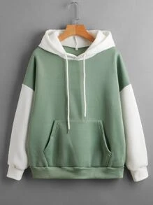 SHEIN EZwear Hoodie Khối màu Dây rút Túi - Màu xanh Bạc hà - Xem 1