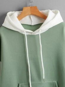 SHEIN EZwear Hoodie Khối màu Dây rút Túi - Màu xanh Bạc hà - Xem 3