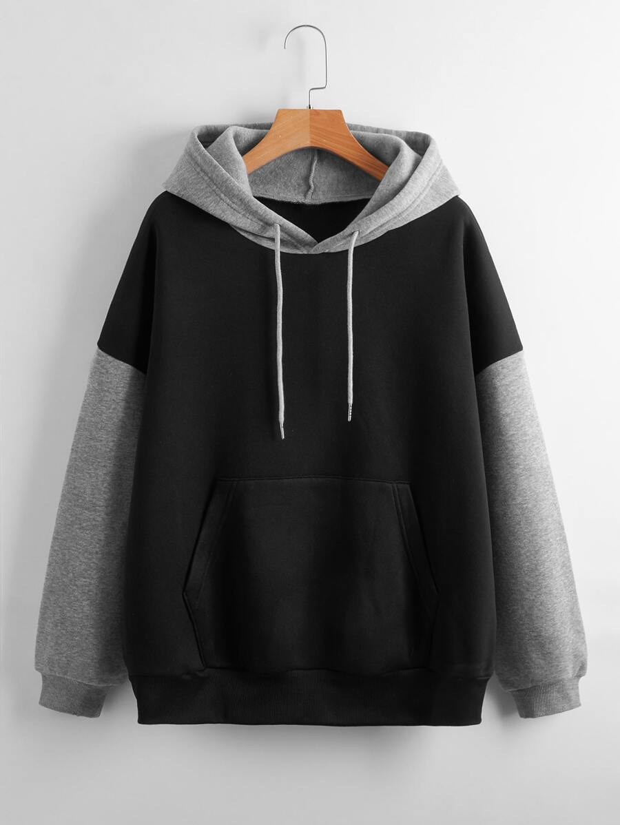 SHEIN EZwear Colorblock Drawstring Pocket Hoodie - Black - View 1