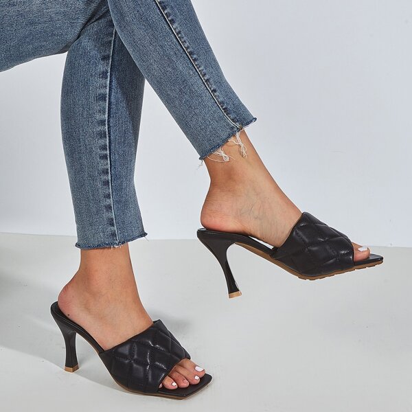 

Minimalist Quilted Heeled Slide Sandals, Black