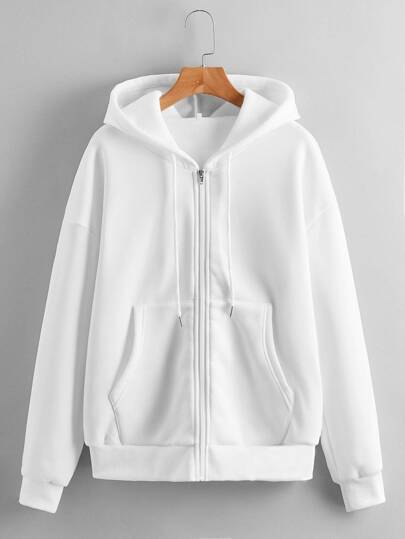 INAWLY 纯色拉链抽绳落肩保暖内衬连帽衫，长袖上衣