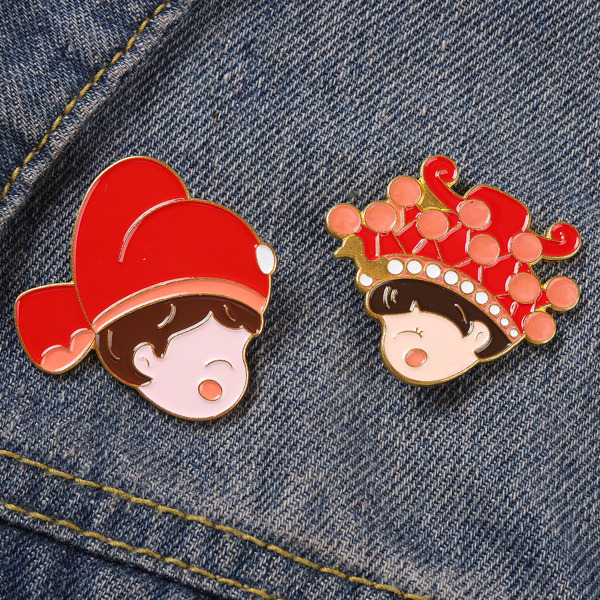 

2pcs Chinese Bridegroom & Bride Design Brooch, Red