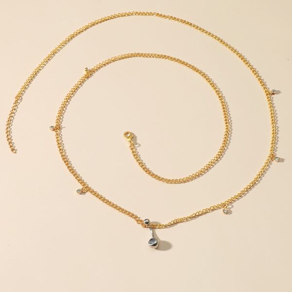 

Rhinestone Decor Navel Belly Ring With Chain, Gold