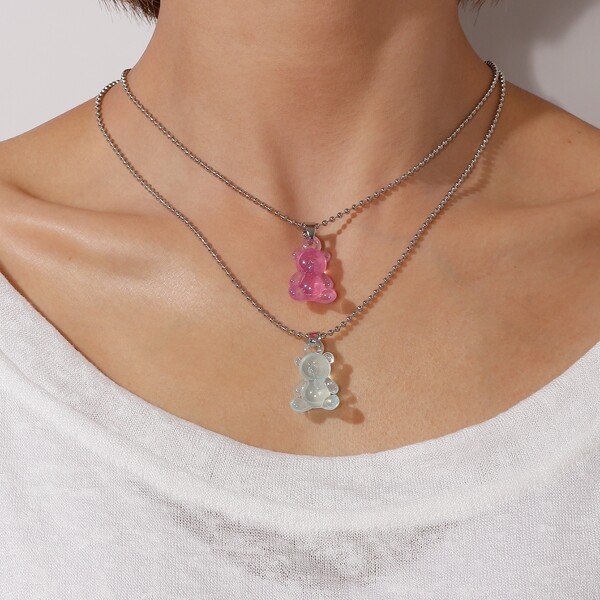 

2pcs Cartoon Bear Pendant Necklace, Silver