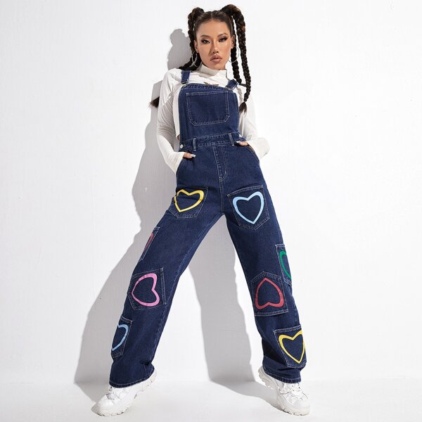 

Heart Print Pocket Front Denim Overalls, Dark wash