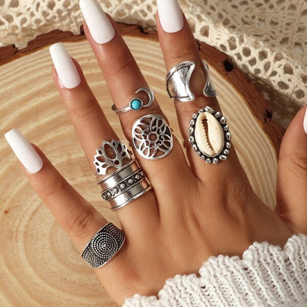 

7pcs Shell Detail Ring, Antique silver