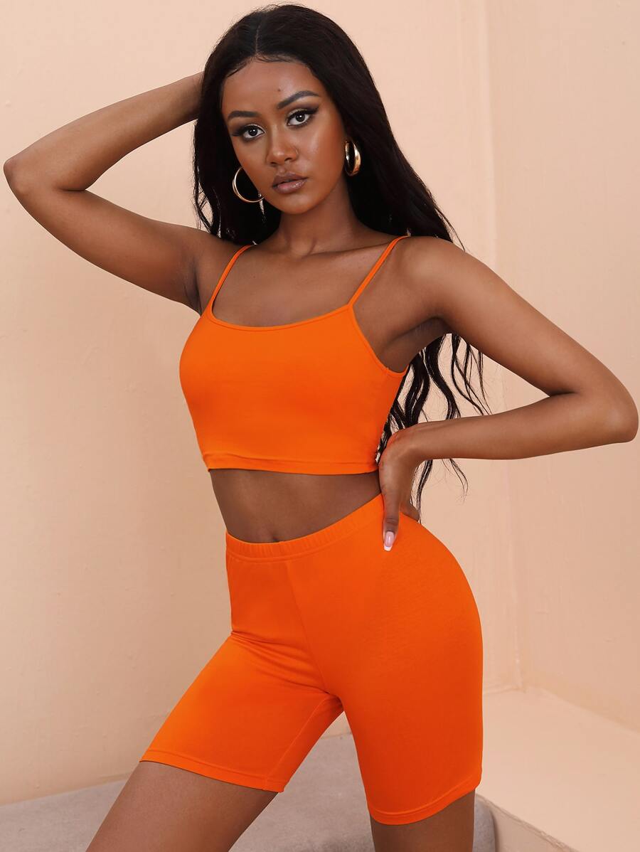 SHEIN PETITE Neon Orange Crop Cami Top And Biker Shorts Set - Orange - View 1