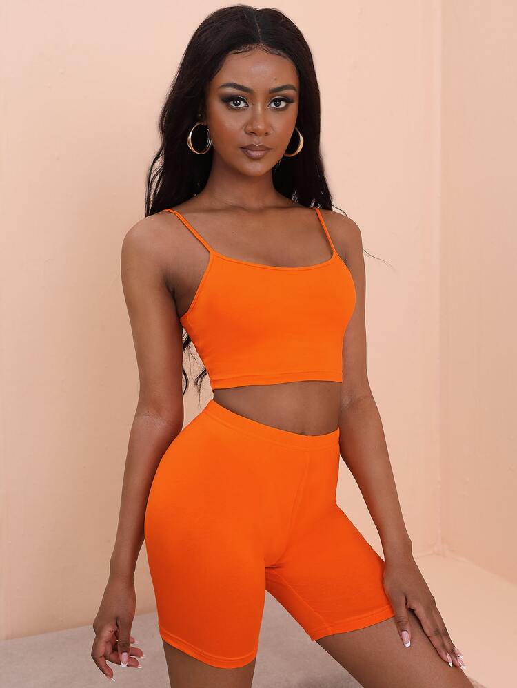 SHEIN PETITE Neon Orange Crop Cami Top And Cycling Shorts Set - Orange - View 3