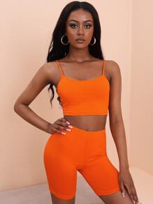 SHEIN PETITE Neon Orange Crop Cami Top And Biker Shorts Set - Orange - View 5