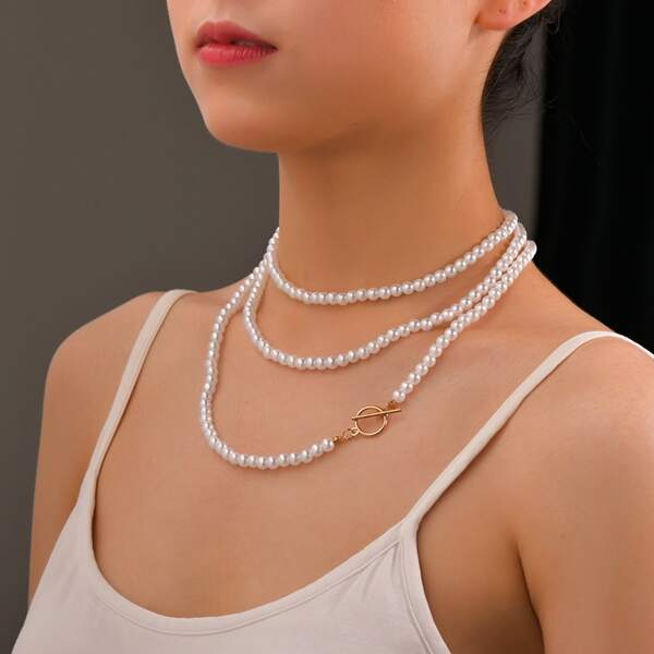 

Faux Pearl Beaded Layered Necklace, White