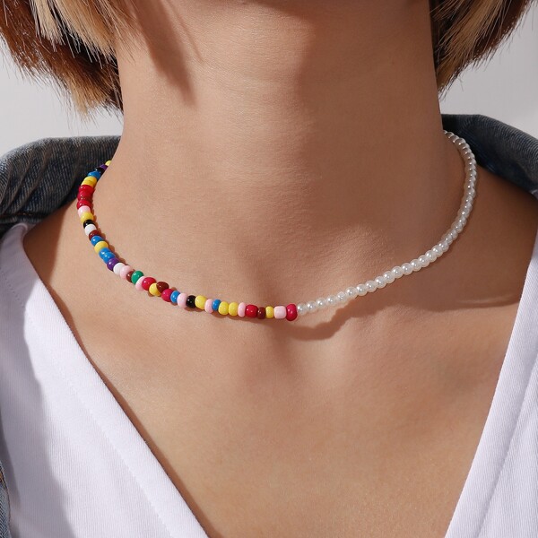 

Faux Pearl Decor Beaded Necklace, Multicolor