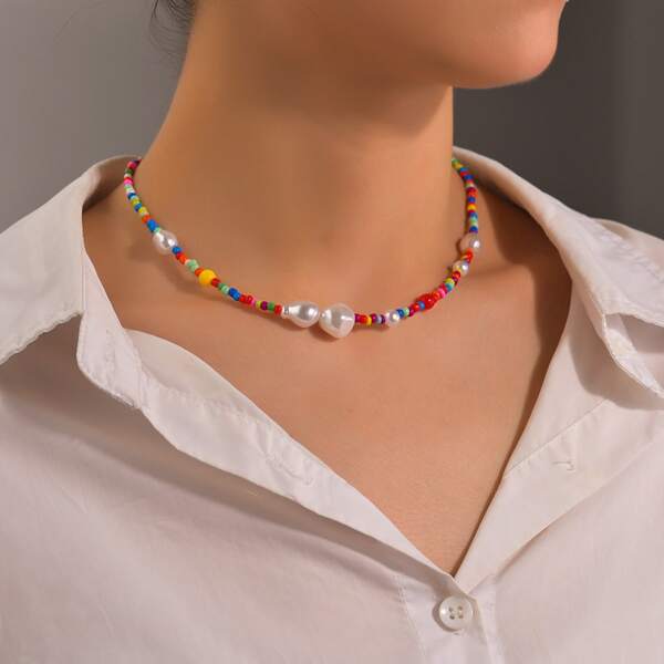 

Faux Pearl Decor Beaded Necklace, Multicolor