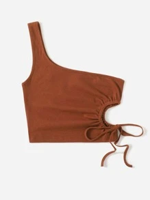 SHEIN EZwear Top de un hombro con abertura con cordón - Marrón - Ver 3