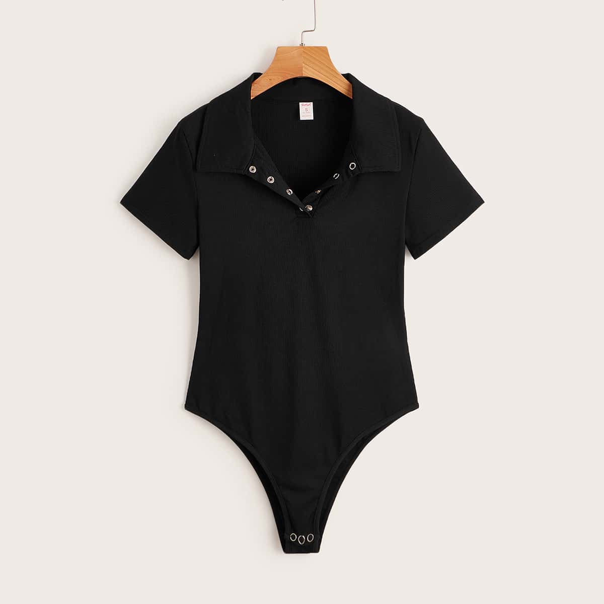 

Solid Button Ribbed Bodysuit, Black