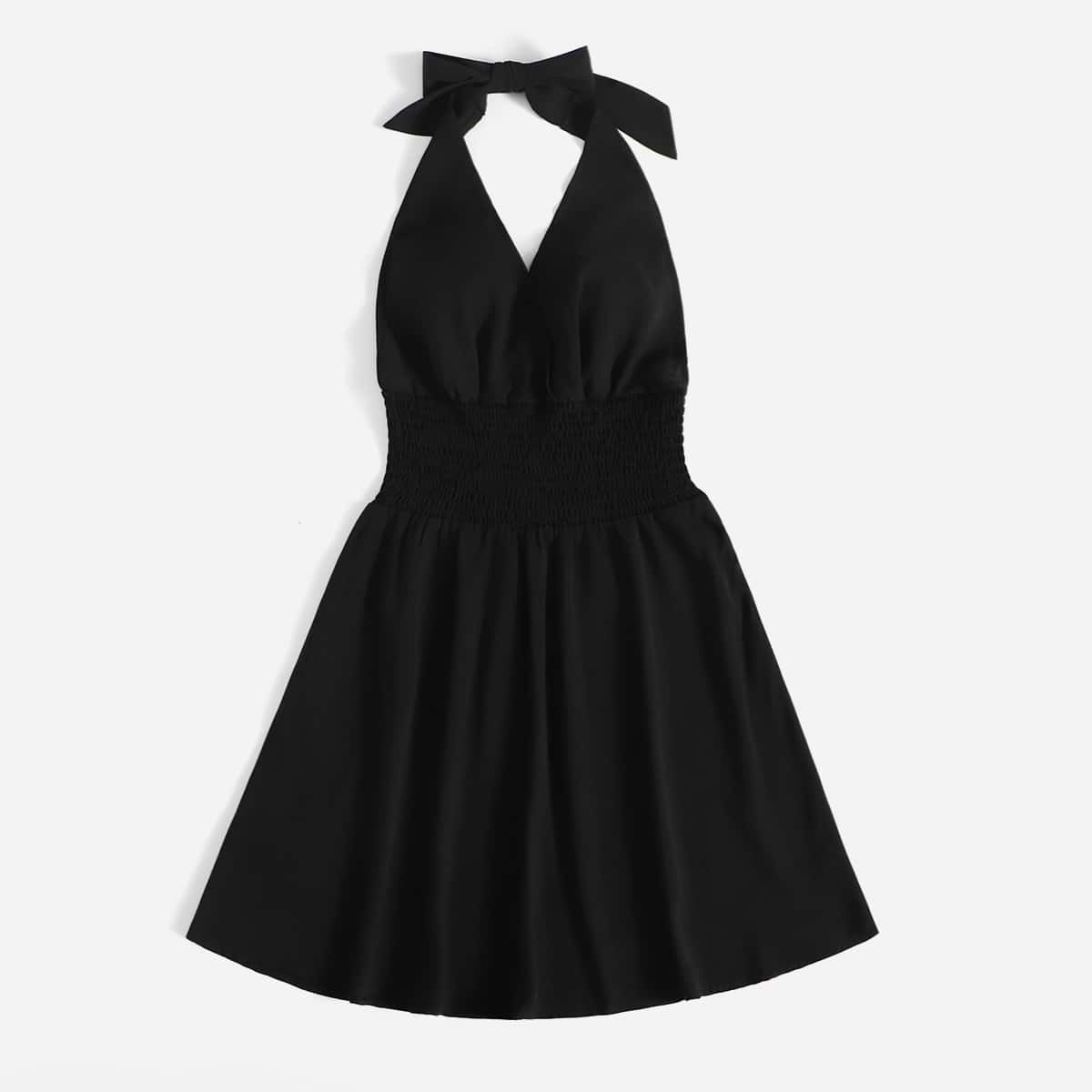 

Solid Shirred Halter Dress, Black
