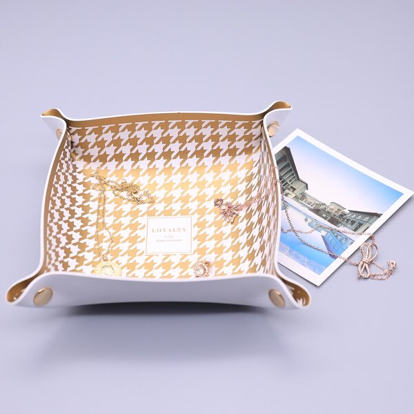 

1pc Houndstooth Pattern Jewelry Tray, Gold