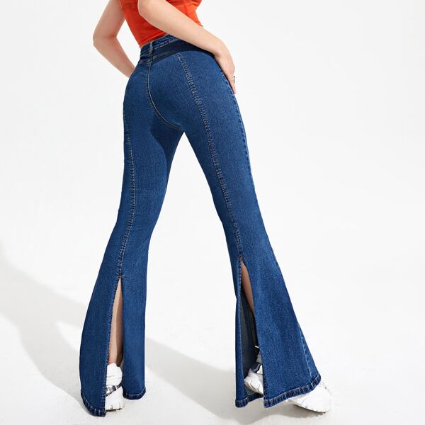 

Flared Leg Split Ripped Hem Jeans, Dark wash