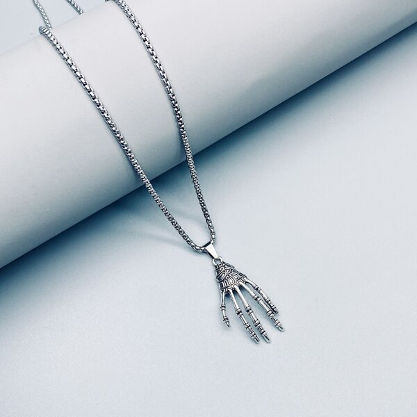 

Men Skeleton Hand Charm Necklace, Antique silver