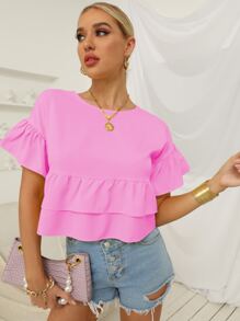 Chiquease Flounce Sleeve Layered Ruffle Hem Blouse - Pink - View 1