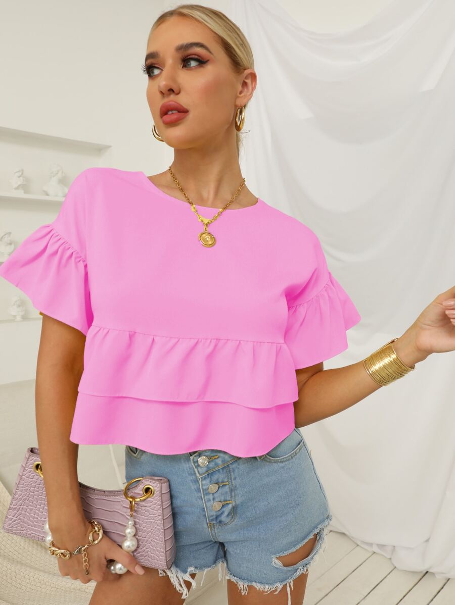 Chiquease Flounce Sleeve Layered Ruffle Hem Blouse - Pink - View 1