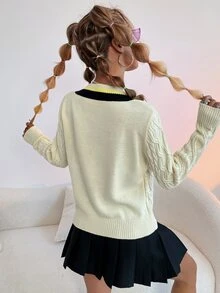 SHEIN Qutie 麻花編織條紋圖案短款毛衣 - 米色 - 查看 2