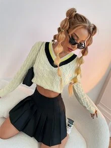 SHEIN Qutie 麻花編織條紋圖案短款毛衣 - 米色 - 查看 5