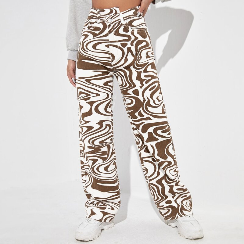 

High Waisted Allover Print Straight Leg Jeans, Multicolor
