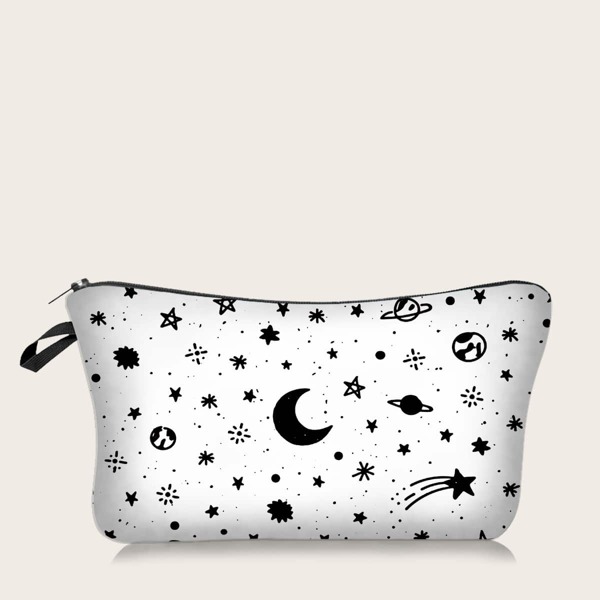 

Cartoon Moon & Star Pattern Zippered Makeup Bag, White