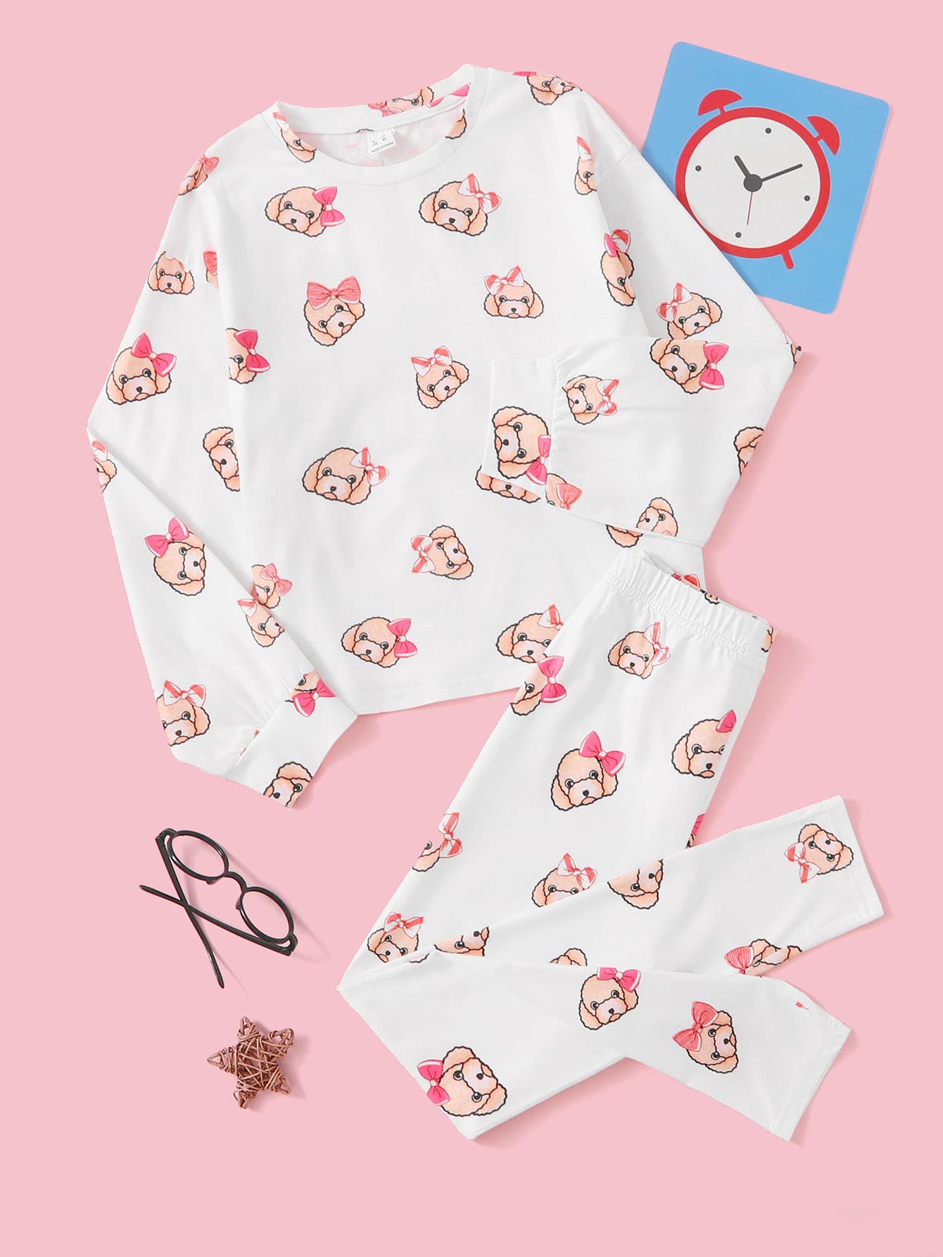 SHEIN Girls Cartoon Dog Print Pyjama Set - White - View 1