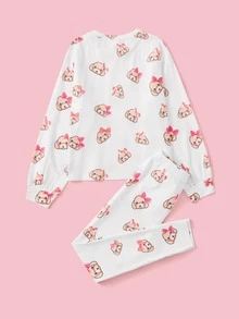 SHEIN Girls Cartoon Dog Print Pyjama Set - White - View 2