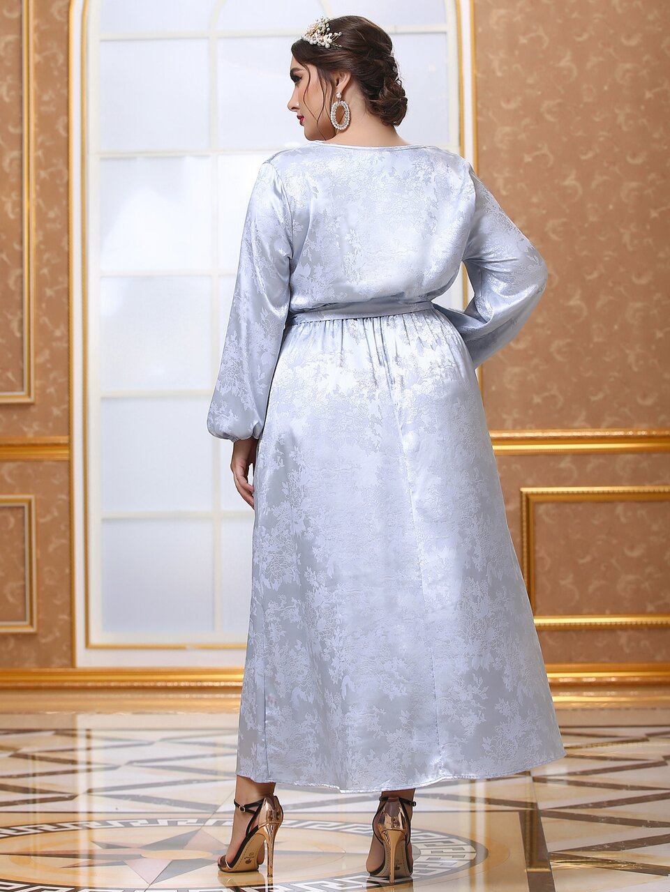 Plus Floral Jacquard Lantern Sleeve Belted Satin Dress