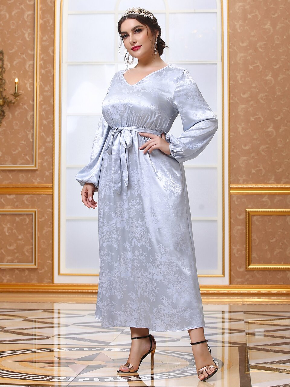 Plus Floral Jacquard Lantern Sleeve Belted Satin Dress