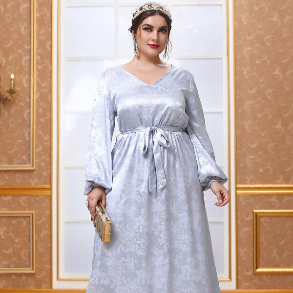 

Plus Floral Jacquard Lantern Sleeve Belted Satin Dress, Baby blue